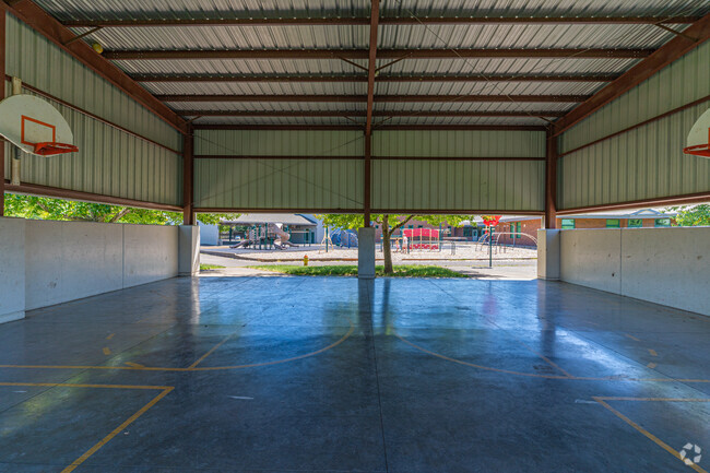 There are covered basketball courts for students at Clear Lake Elementary School, Keizer, OR.