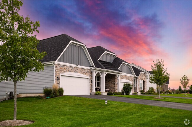 A row of homes in Ivanhoe, IL featuring mansard roofs.