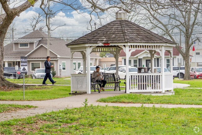 The town square in Angleton offers several shaded pavilions.