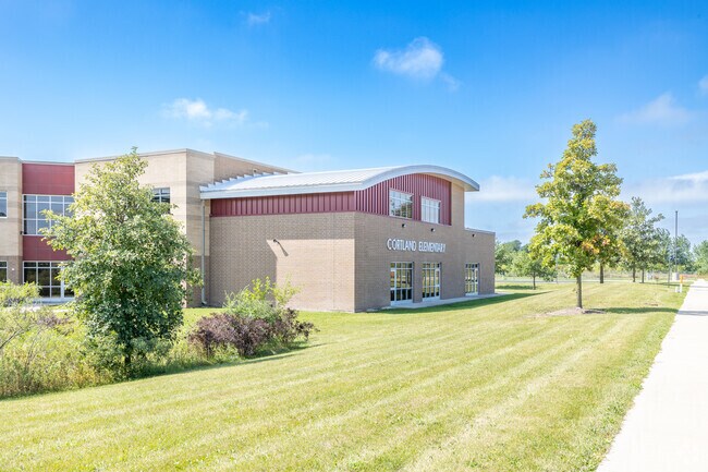 Side view of Cortland Elementary School located in Malta, Cortland IL.