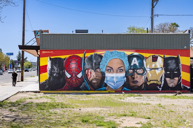 A colorful mural depicts superheros near Community Regional Medical Center in Downtown Fresno.