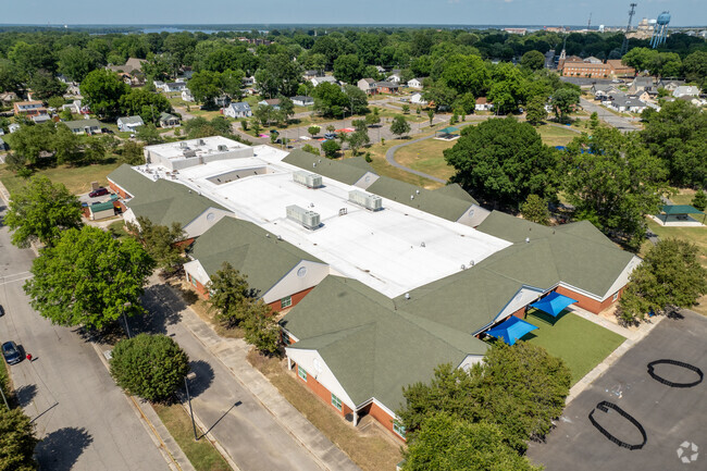 An aerial view of the campus of Dupont Elementary School.