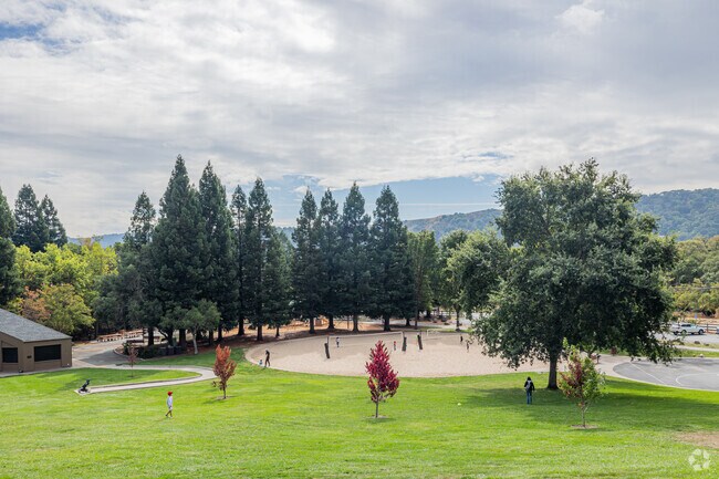 Moraga Commons Park has a disc golf course, volleyball court, playground, and basketball court.
