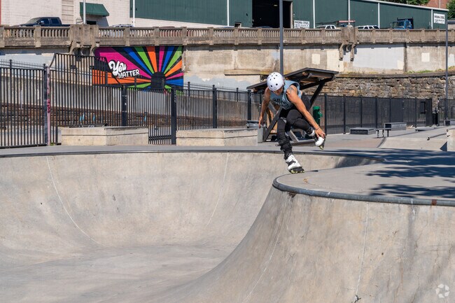 The Riverfront Skatepark is a short drive downtown from Beverly Hills, where skates catch air.