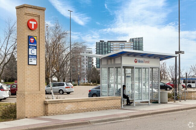 A Metro Transit bus stop sits just outside Southdale Center near Strachauer Park.