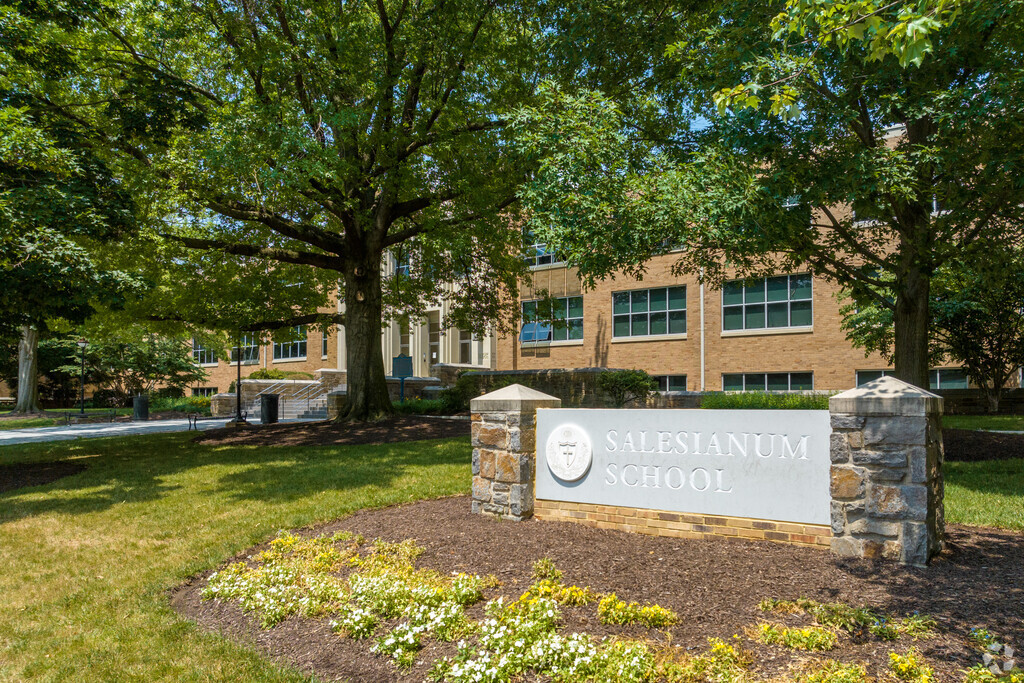 Entrance sign at Salesianum School in the Triangle neighborhood.