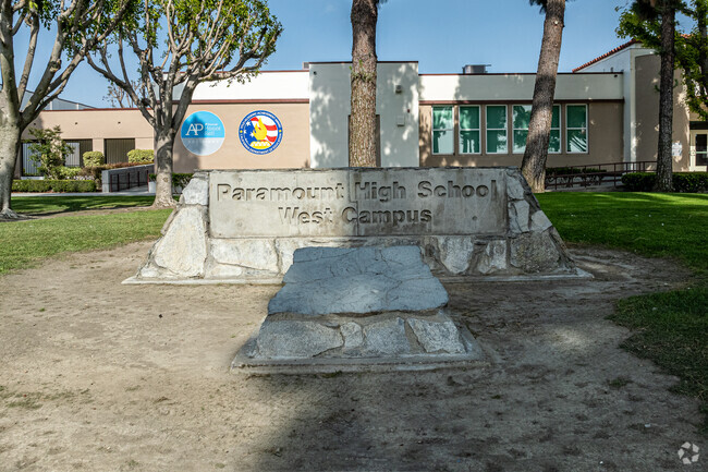 The monument sign at the front of the west campus at Paramount High School in Paramount.