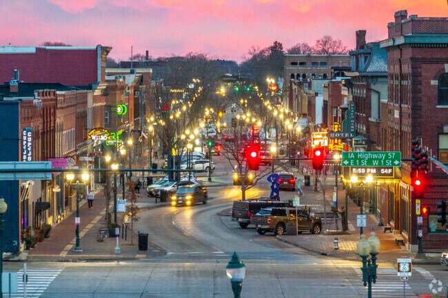 Main Street in Downtown Cedar Falls lights up every night to welcome locals and visitors alike.