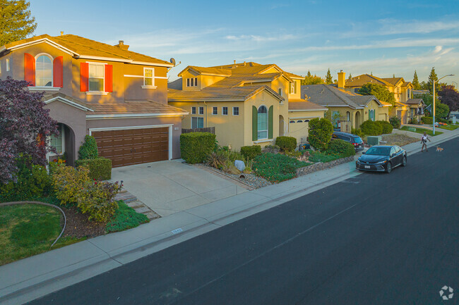 Woman walks dog near row of homes at sunset in Junction West.
