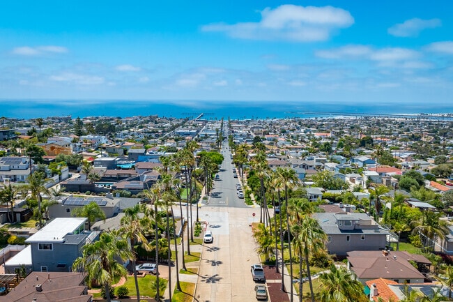 An elevated view of Point Loma Heights shows views of Ocean Beach.