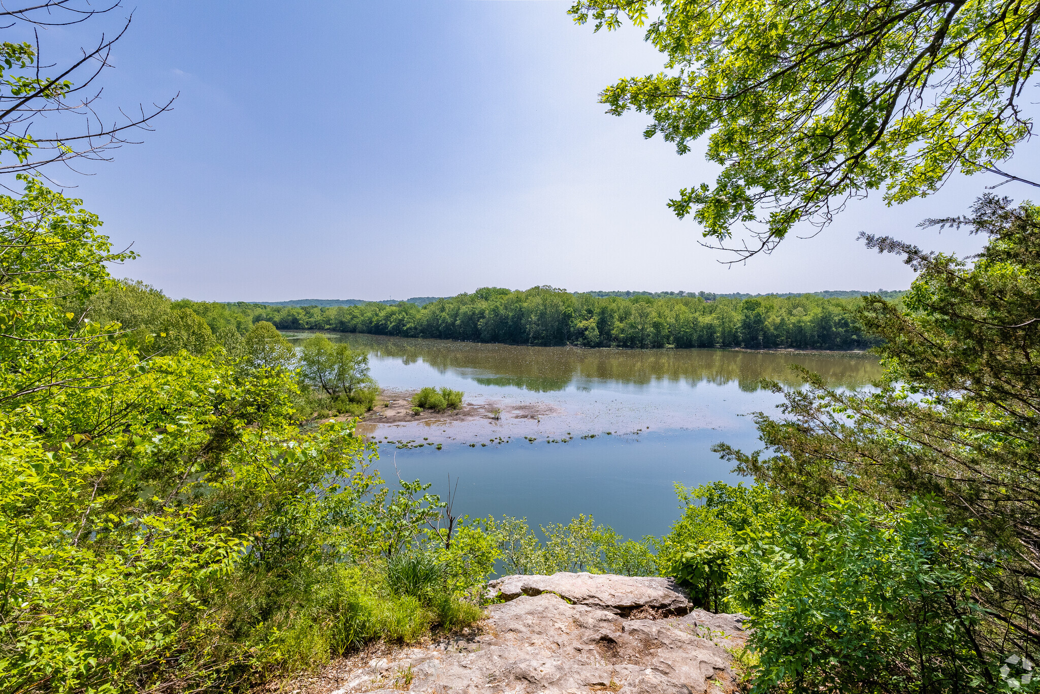 A wide view of Lake Springfield from a bluff on a trail found in the Lake Springfield park.