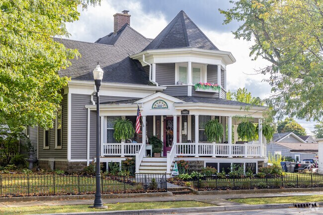 A charming Victorian styled home sits along Main Street in downtown Yorktown, IN.