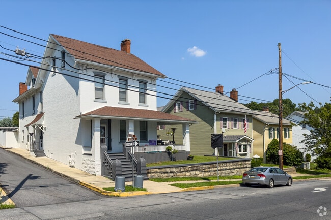 Two-story single-family homes with small yards line Catasauqua's business district.