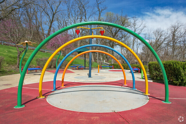 The spray park at Vannucci Field Park, in Beechview, has a colorful rainbow water feature.