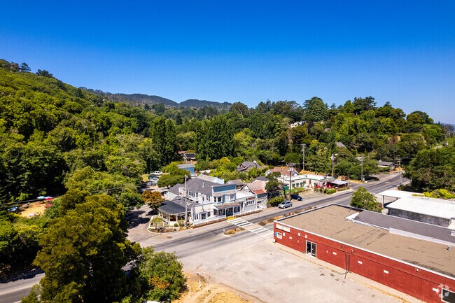 The town of Inverness is barely visible through tall trees and lush vegetation.