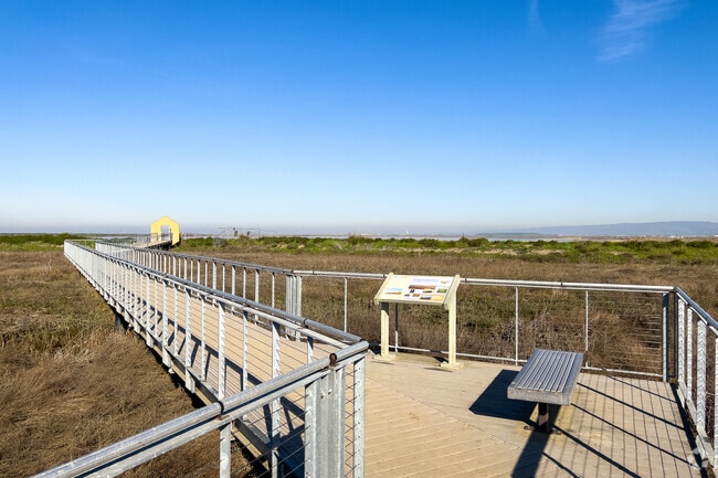 Walk along the boardwalk at Marina County Park in Alviso with family on a sunny day.