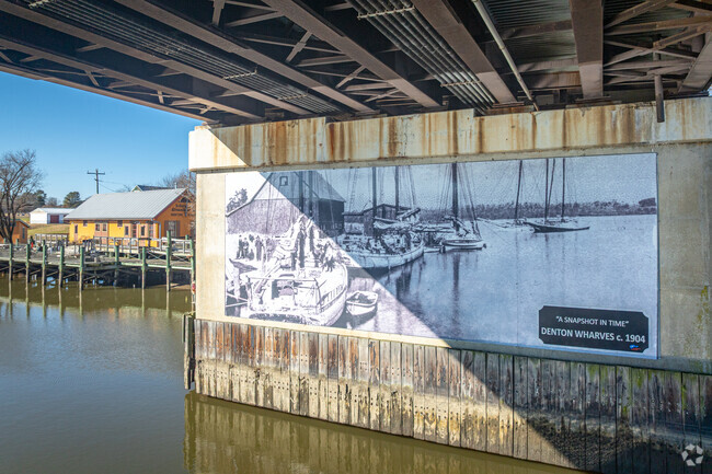A mural along the Choptank River recalls Denton’s past as a bustling trade center.