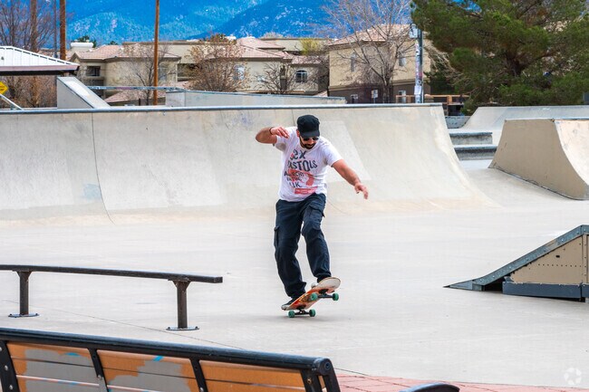 The skate park at North Domingo Baca features ramps, rails and even a half pipe.