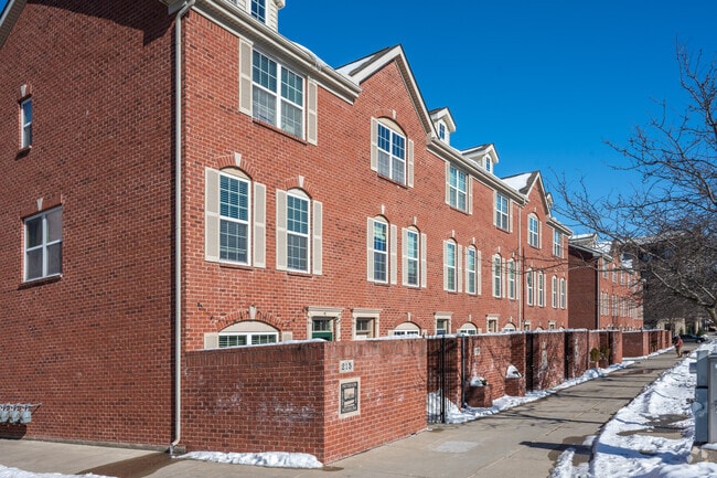 Brick townhomes line the streets of  Downtown Dayton.