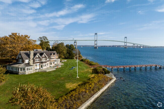 Homes line the coast of Jamestown Village, with picturesque views of Narragansett Bay.