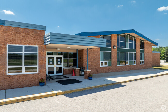 A view of the entrance to David A. Harrison Elementary School.
