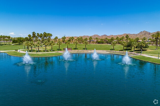 North Lake’s amphitheater and fountains create a serene escape in Estrella Mountain.