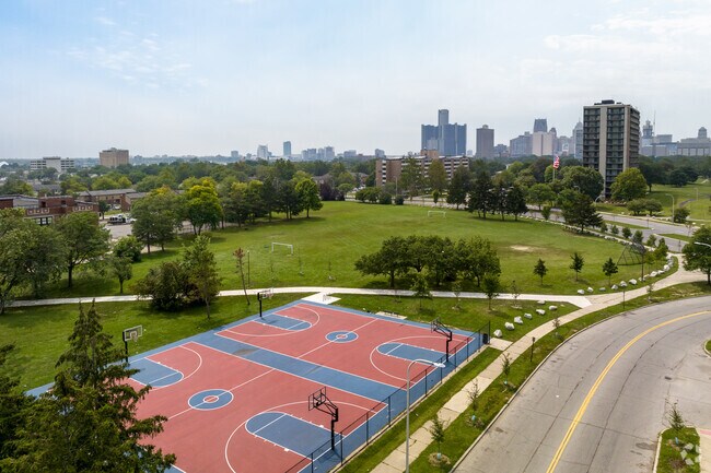 Elmwood Central Park received newly built basketball courts, offering nice views of Detroit.