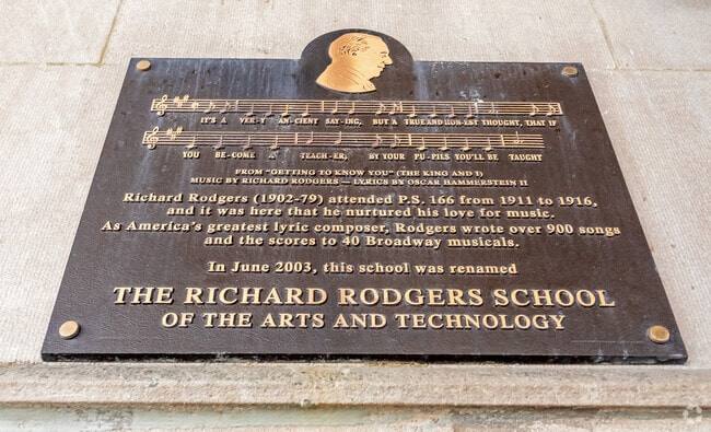 PS 166 Richard Rogers School signage states their ideals, inspired by its namesake, a composer.