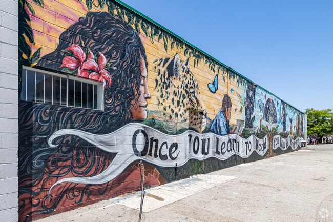 A large art mural welcomes students at Alliance Middle Academy in Los Angeles, CA.