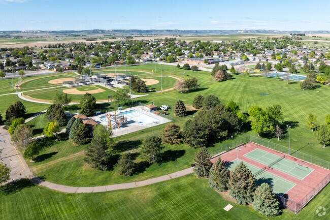 Oregon Trail Park features baseball fields, a disc golf course, a playground and a swimming pool.