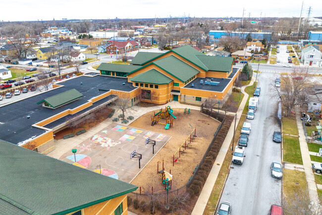 Washington Irving Elementary School has a fenced in play area for students.