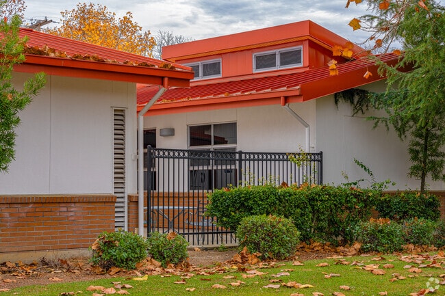 Red roof color pops from architecture of Adelante High (Continuation) School.