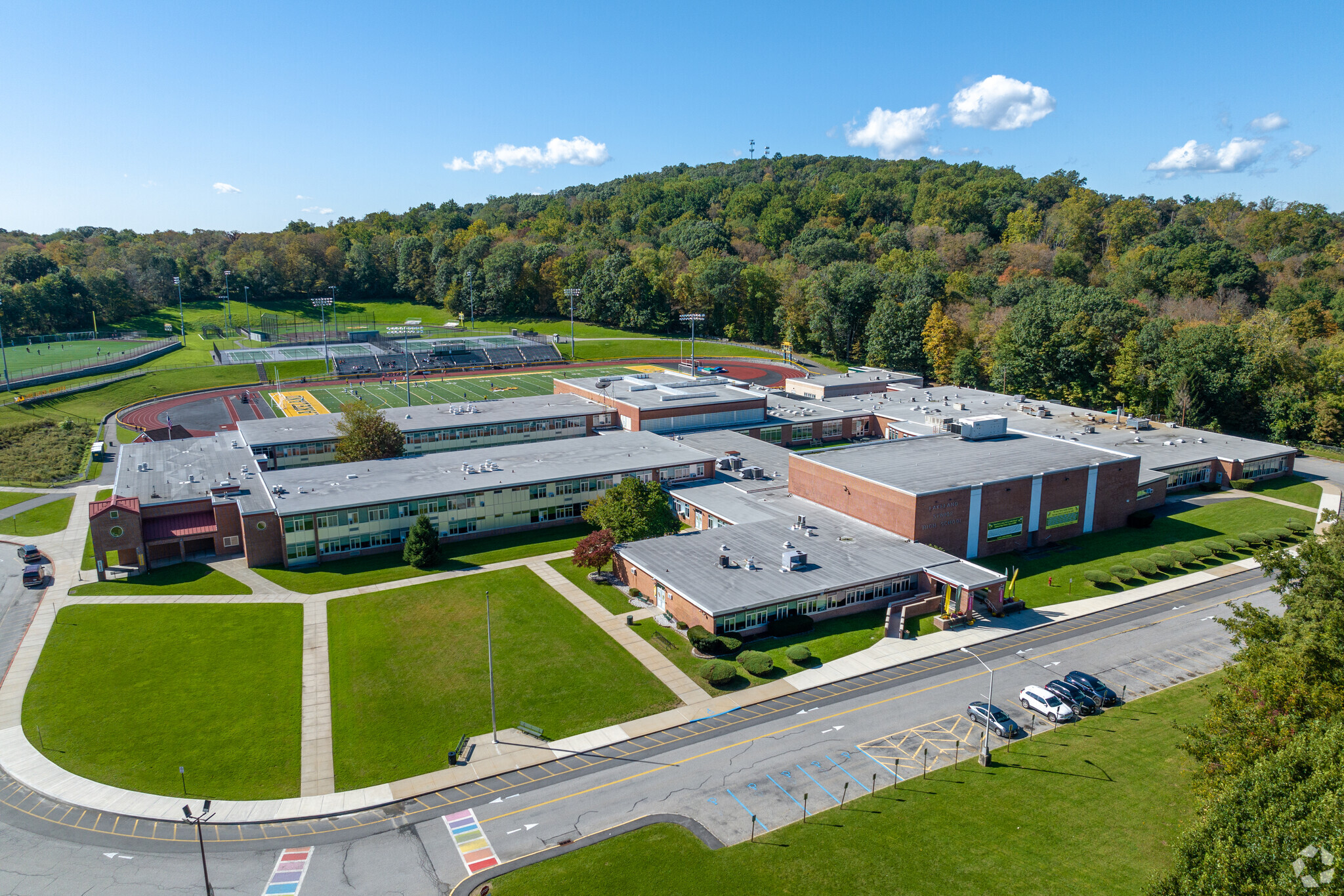 Lakeland High School is surrounded by trees and greenery in Cortland Manor, NY.