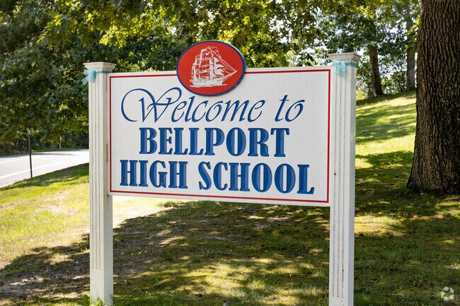Signage welcomes students to the Bellport High School in Brookhaven.