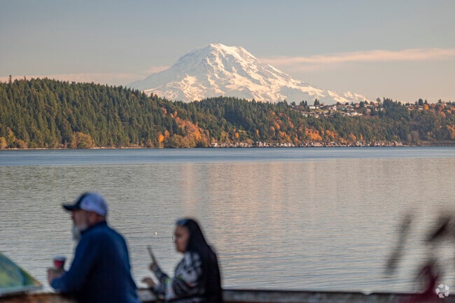 Mount Rainier rises beyond calm waters and forested shoreline near Maplewood.
