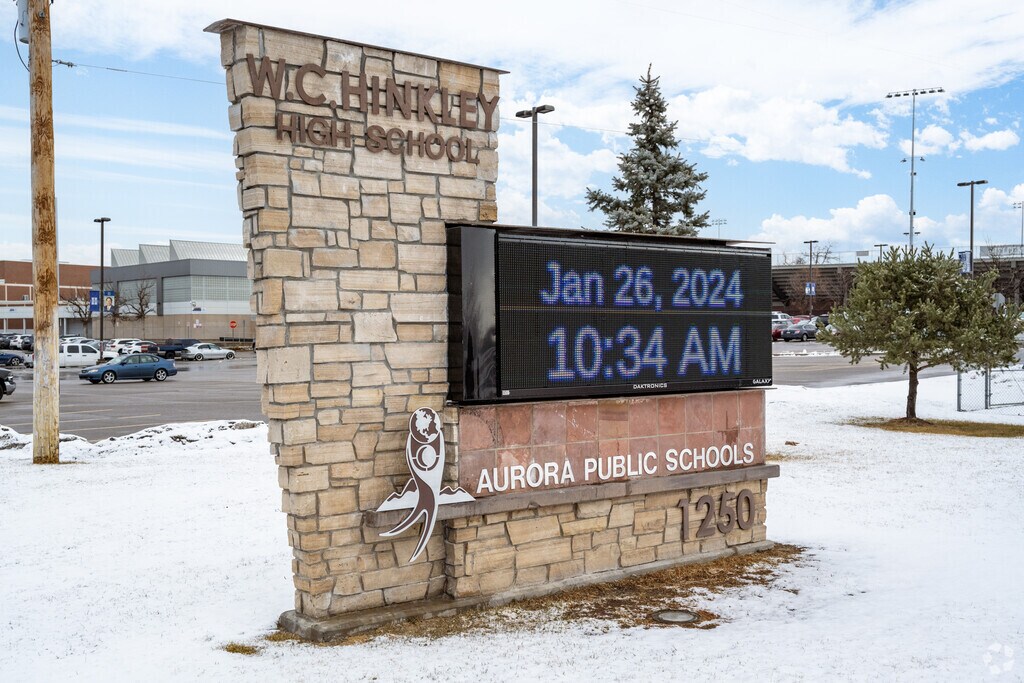 The school sign at Hinckley High School in Arvada.