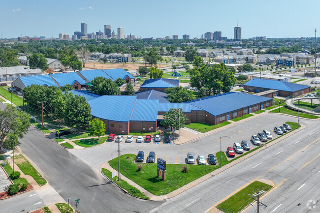 Eugene Field Elementary School is on the West side of the Arkansas River, near downtown Tulsa.