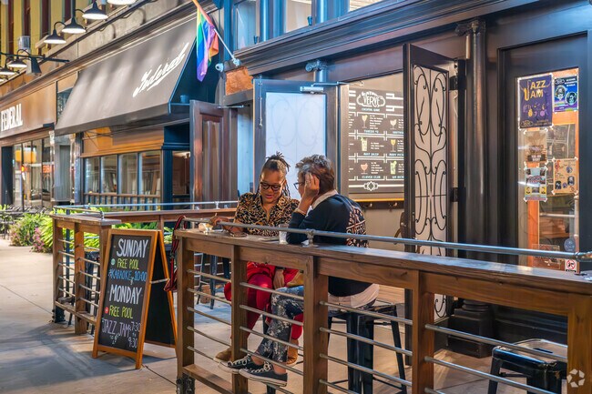 First Street-Riverfront residents enjoy outdoor dining on Wabash Ave.