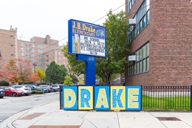 John B Drake Elementary School serves students in the Prairie Shore neighborhood.