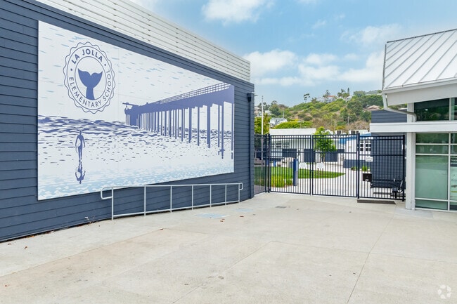 A large mural welcomes students into the main gates at La Jolla Elementary School.