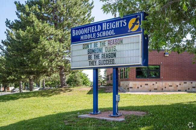 The school sign at Broomfield Heights Middle School in Broomfield, Colorado.