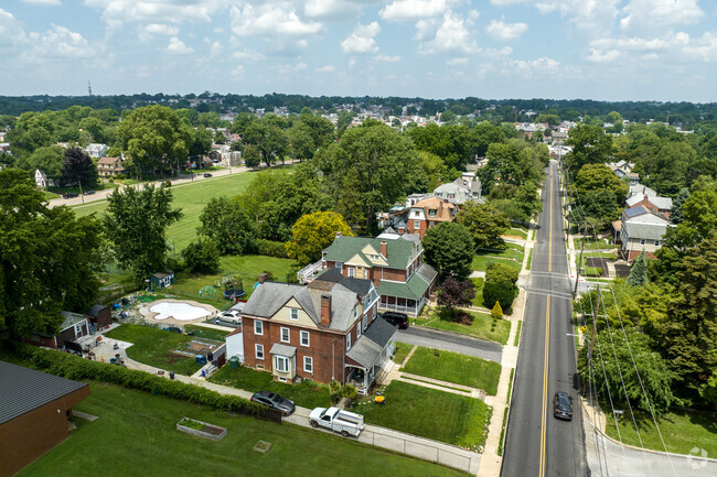 Aldan Elementary School is nestled among brick twin homes.