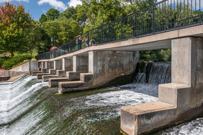 The iconic Rockford Dam is located on the Rogue River in Rockford, Michigan.