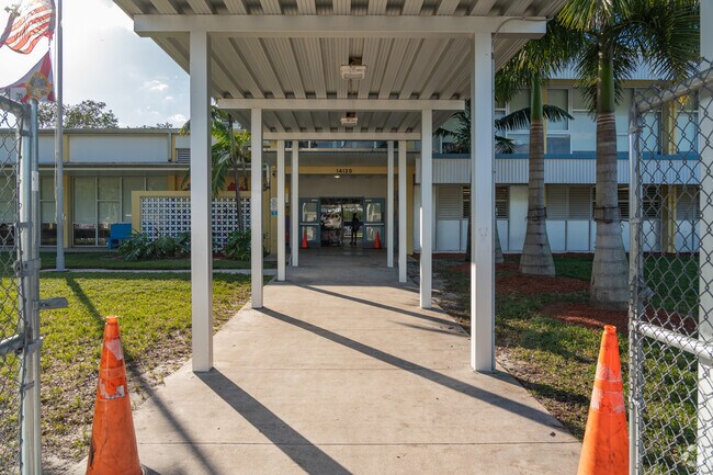 The Nathan B. Young Elementary School offers a sheltered walk way fro students on rainy days.