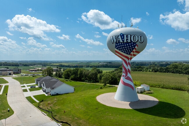 Wahoo's water tower rises above the tallgrass prairie.