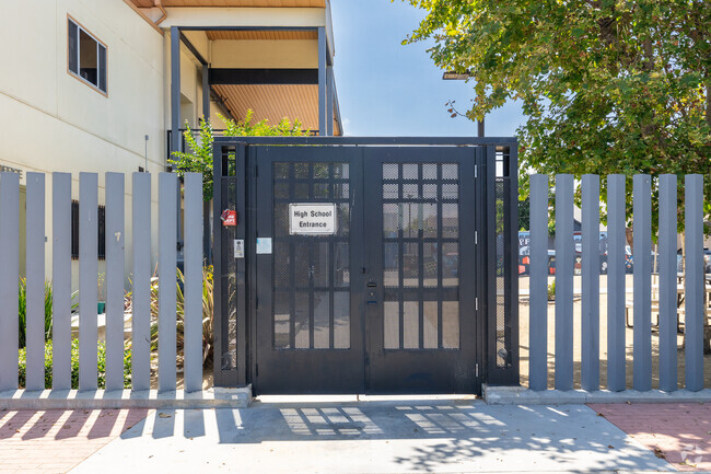 The entrance of View Park High School in Los Angeles, CA is well protected and gated.