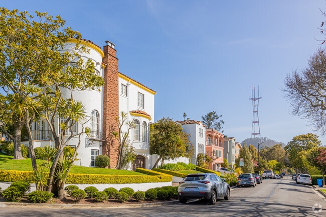 A Spanish revival-style home has a great view of the Sutro Tower from Forest Hill.
