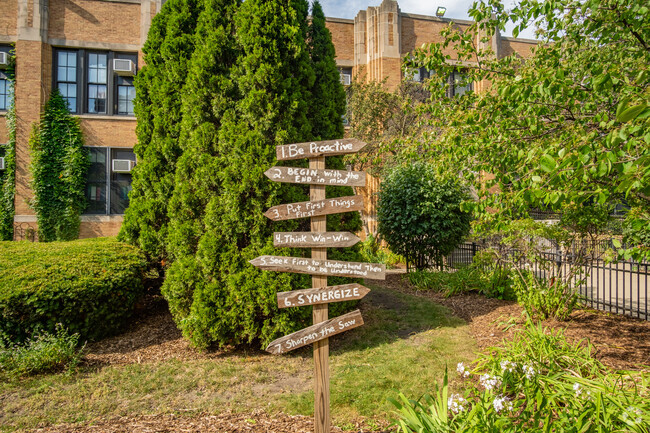 An art installation on the front lawn of Walter Newberry Math and Science Academy in Old Town.