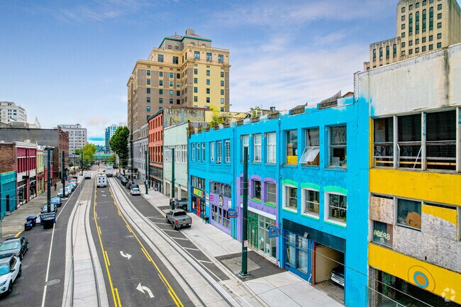 A colorful street in Downtown Tacoma.