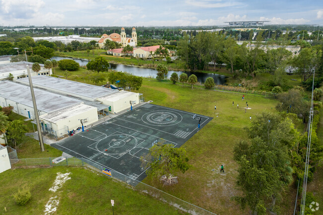 Aerial view of Fairway Elementary School basketball courts and baseball field.